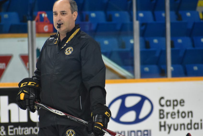 Cape Breton Screaming Eagles head coach and general manager Marc-André Dumont prepares to stop a drill during a team practice earlier this season at Centre 200. Dumont will be an assistant coach with Canada’s national junior team for the 2019 IIHF World Junior Hockey Championship, beginning Wednesday in Vancouver and Victoria, B.C.