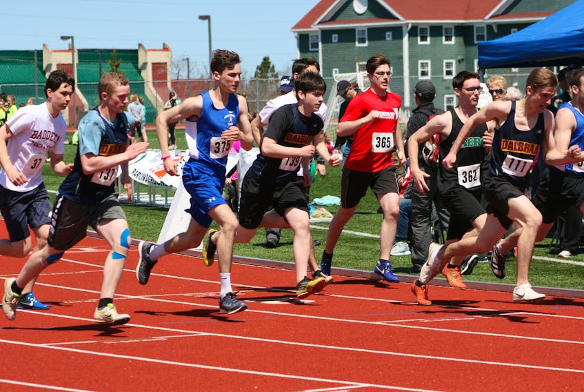 Runners are shown participating in the senior boys 800 metre race at the Nova Scotia School Athletic Federation Highland Region track and field championships at the Cape Breton Health Recreation Complex on Saturday. From left are Dell Welton (Baddeck Academy), Boyd MacIntyre (Dalbrae Academy), Eric Wall (Sydney Academy), Niall MacIntrye (Dalbrae Academy), Michael Cameron (Baddeck Academy), Sheldon Googoo (Sydney Academy), Jeremy Williams (SAERC), Nolan Beaton (Dalbrae Academy) and Brandon Martin (Sydney Academy).