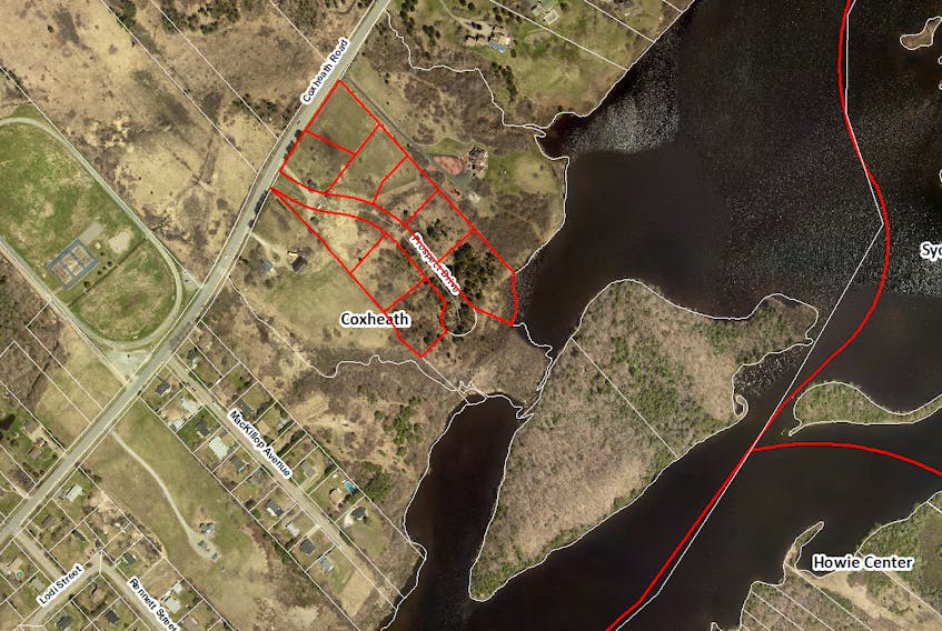 Shown above is a map outlining significant property in Coxheath — bordering Blacketts Lake — Kameron Collieries has purchased. The area outlined in red includes 6.2 acres the mining company purchased July 1, 2017 for $300,000 and have since built a subdivision called Prospect Drive, which includes nine lots in which four modular homes have already been built for mine managers. The area outlined in green includes a large house and garage on 7.7 acres adjacent to Prospect Drive that Kameron Collieries purchased July 14, 2017 for $1 million.