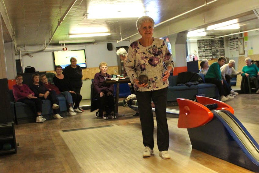 Bowler Norma Brufatto of Glace Bay takes her turn at the Town Centre Lanes during senior women’s bowling league play. Many league players haven’t expressed interest in moving their game to the new bowling alley in Membertou.