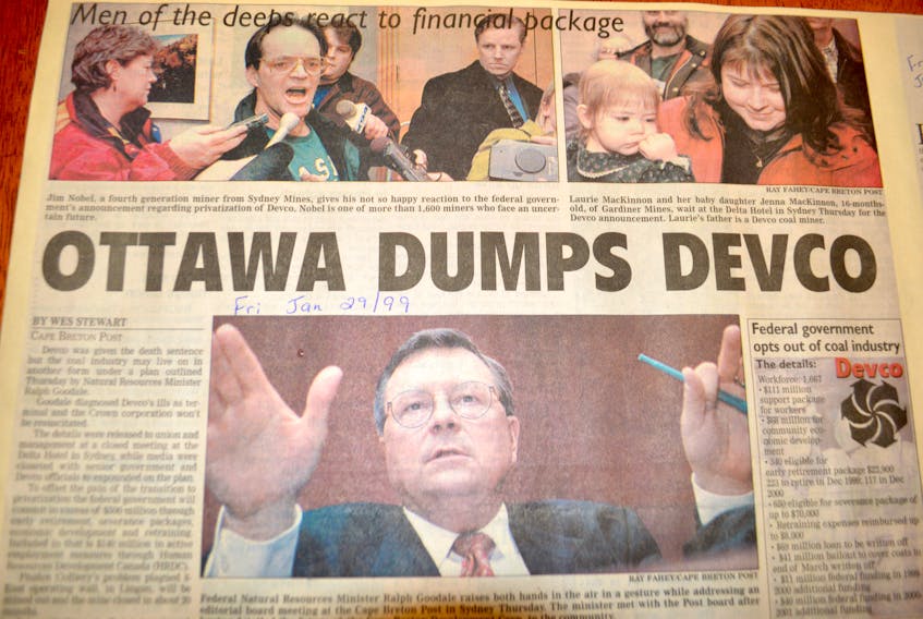 The story in the Cape Breton Post on Jan. 29, 1999, about the federal government’s announcement the prior day of the privatization of the coal mining industry.