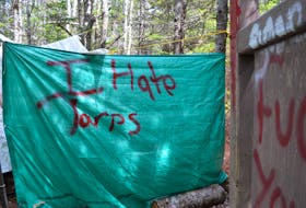 This bit of vandalism was the source for some unexpected humour at the live-action role-playing camp in Gillis Lake, where the intended message of “I Hate Larps” looks an awful lot like “I Hate Tarps.”