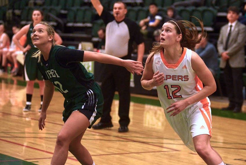 Jane McLaughlin of the Prince Edward Island Panthers, left, guards Alison Keough of the Cape Breton Capers during Atlantic University Sport women’s basketball action Sunday in Charlottetown. Cape Breton won the game, 88-78.