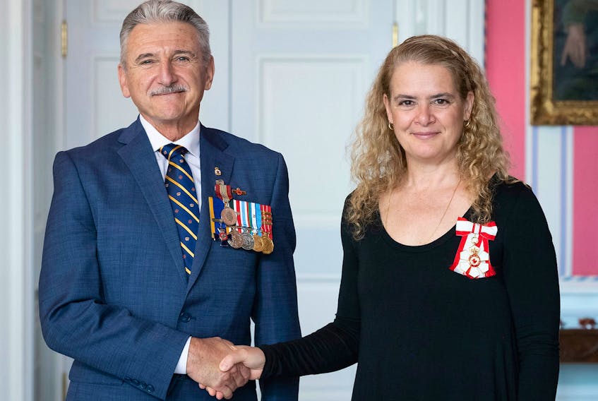 Elias Paul Aucoin receives the Sovereign’s Medal for Volunteers from Julie Payette, Governor General of Canada, during a ceremony at Rideau Hall in Ottawa, Thursday. A total of 39 awards were presented during the ceremony.