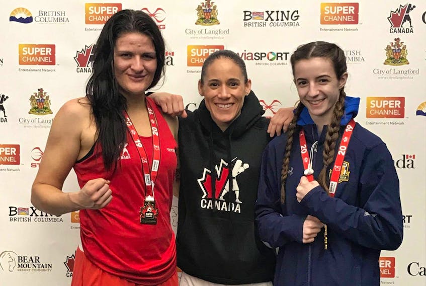 Natali Fagan of Sydney is a back-to-back national boxing champion after winning gold in the Elite 75-kg division at the 2019 Super Channel Championships in Victoria, B.C., on Friday night. From left are Fagan, Team Nova Scotia trainer Bridget Stevens of Eskasoni, who is also head coach at Tribal Boxing Club in Dartmouth, and national gold medallist Renae Cowal, who fights out of the Tribal club.
