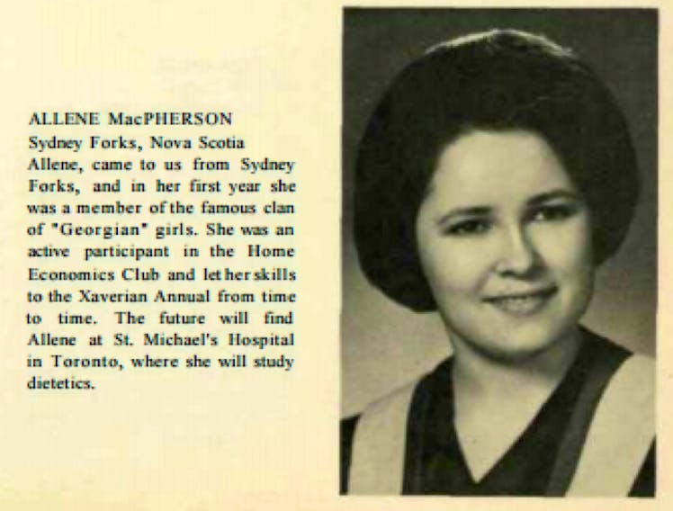 Allene MacPherson’s grad photo, taken from the St. Francis Xavier University 1965 yearbook.
