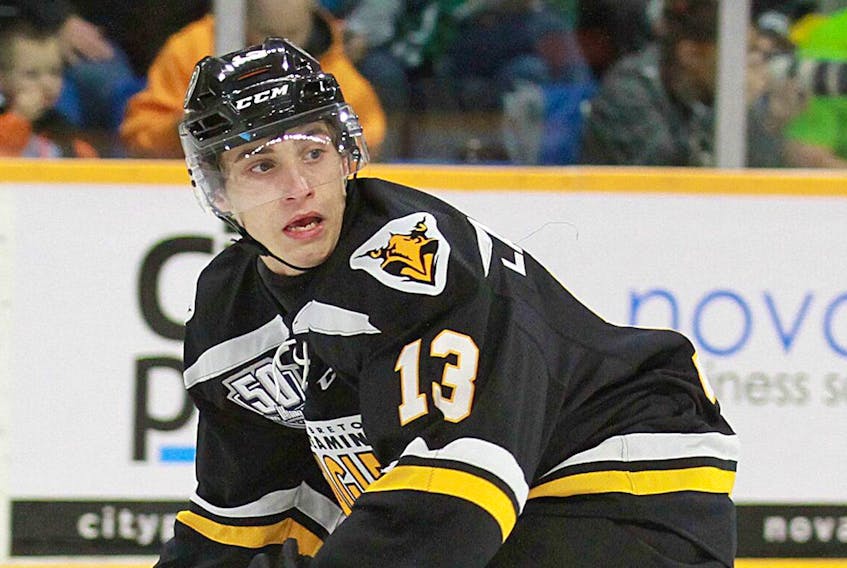 Félix Lafrance of the Cape Breton Screaming Eagles watches the play during Quebec Major Junior Hockey League action earlier this season at Centre 200. Lafrance will play his brother, Simon Lafrance, for the final time in major junior hockey on Saturday when the Screaming Eagles host the Victoriaville Tigres at Centre 200.