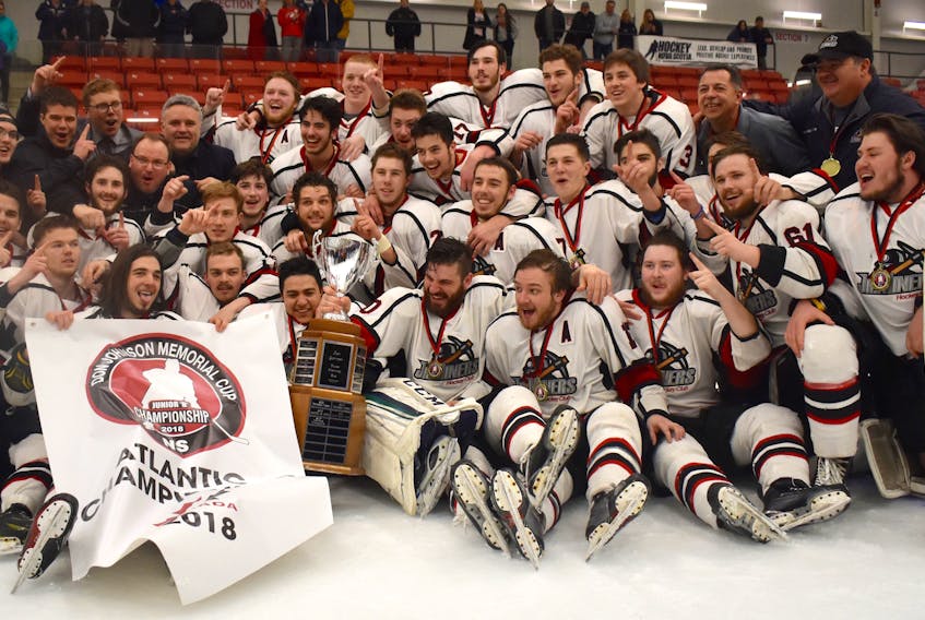 Members of the Atlantic junior ‘B’ hockey champion Kameron Junior Miners gathered for the traditional post-win photograph after capturing the 2018 Don Johnson Memorial Cup with a 4-1 victory over Newfoundland and Labrador’s Mount Pearl Junior Blades on Sunday at the Membertou Sport and Wellness Centre.