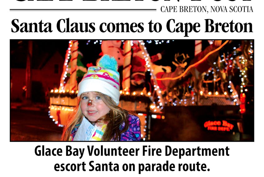 An image of the new Cape Breton Post banner now part of the Glace Bay Volunteer Fire Department’s Santa Claus parade float which features a photo of Davin MacInnis of Sydney River watching the Glace Bay parade, published in the Cape Breton Post last year. Fire Chief John Chant said their parade has received significant sponsorship from the Cape Breton Post that will save the department money and time.