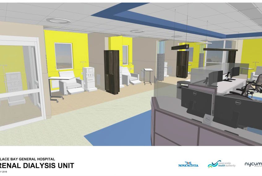 The artistic rendering shows the design of the Glace Bay Hospital’s new renal dialysis unit. The construction tender for the unit, announced almost two years ago, is expected to be issued in March with work to begin in June.