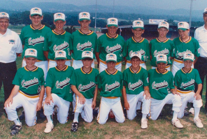 The Glace Bay Colonels, shown here in their Canada uniforms at the Little League World Series in Williamsport, Pa., won the 1994 Canadian Little League Baseball Championship and became the fourth team from the mining town to capture the national title in an eight-year period. Front row, from left: Ryan Boutilier, Tommy Sheppard, Joe O’Donnell, Daniel MacDonald, Brian Brewer, Ryan Young and Kyle Clarke. Back row, from left: manager Henry Boutilier, Sandy Sparrow, Chad Warren, Anthony Sheppard, Kirk Warren, Jeff Boutilier, Jason Snow, Adam Shibinette and coach Edison Boutilier.