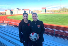 Cape Breton Capers soccer players Ciera Disipio, left, and Rachel Yerxa will play in their final Atlantic University Sport championship tournament this weekend when their team hosts the event at the Cape Breton Health Recreation Complex. Both are fifth-year players and have been with the team since 2015.