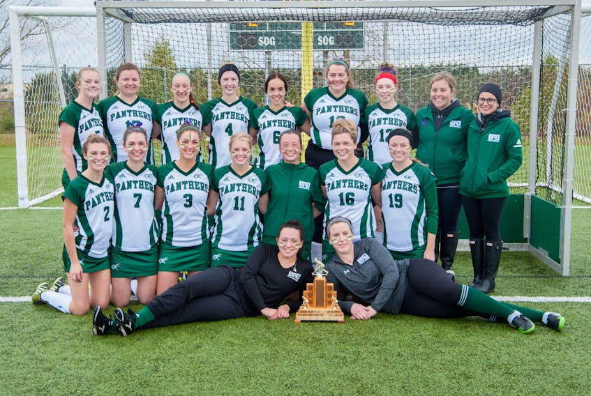 The UPEI Panthers won the Atlantic University Field Hockey championship Sunday in Charlottetown. Team members include Kali Sproul, left, Jacklyn MacKinnon in the front. First row, from left, Morgan Cormier, Haley Grimmer, Molly Cox, Sarah Sear, Kelsey Gallant, Alyssa Ferguson and Laura Young. Second row, Abby Macdonald, Christie Hall, Kaylin Harbin, Hannah Gormley, Karleigh McEwen, Kate Schenk, Erica Penwell and coaches Katherine Koughan and Lacey MacLauchlan. (Janessa Hogan photo)