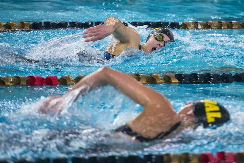 Dalhousie’s Isabel Sarty, top, competes in the 400-metre freestyle A final at the AUS swimming championships on Friday night at the Dalplex pool. Sarty placed second behind teammate Reagan Crowell, bottom. Earlier, Sarty won the 50 freestyle in an AUS record time.