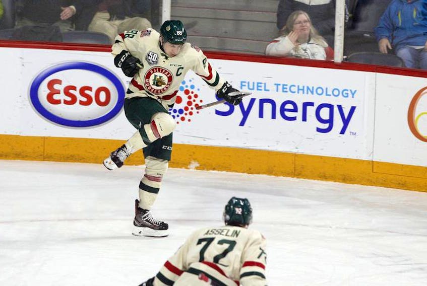 Halifax Mooseheads captain Antoine Morand celebrates after scoring a shorthanded goal against the visiting Victoriaville Tigres late in the first period Thursday at Scotiabank Centre. Morand had a six-point night as Halifax defeated Victoriaville 7-5.