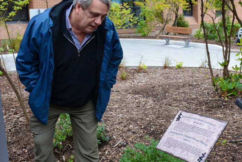 Dave Pelletier, son of Bernard Pelletier, looks over a plaque dedicating a “fossil forest” to his father’s memory at the Bedford Institute of Oceanography on Wednesday. The senior Pelletier was one of the founding researchers of the BIO in 1962 and completed a wealth of geological research, including on fossils of forests found in the Canadian Arctic.