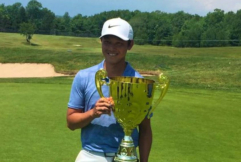 Lorens Chan holds the winner’s trophy after capturing the inaugural HFX Pro-Am tournament Sunday at Oakfield Golf and Country Club. Chan won by two strokes at the Mackenzie Tour-PGA Canada Tour event.