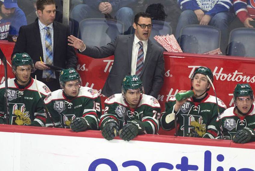Halifax Mooseheads coach Eric Veilleux instructs his players during a game against the Bathurst Titan this past season. Veilleux has left the Mooseheads for an assistant coaching job with the AHL’s Syracuse Crunch.