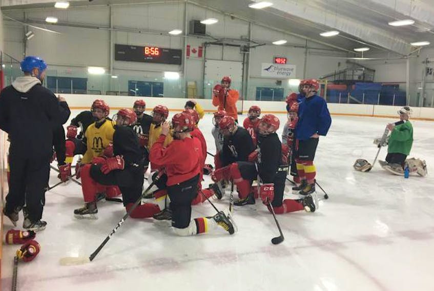 Halifax McDonald’s assistant coach Craig Stevens gives instruction at a practice at the St. Margaret’s Bay Centre on Wednesday. The McDonald’s will compete for the Telus Cup Canadian midget hockey championship in Thunder Bay, Ont., beginning on Monday.