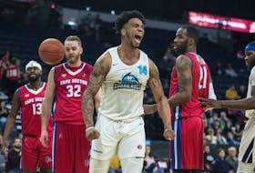 Halifax Hurricanes forward Jordan Washington yells after scoring on the Cape Breton Highlanders during Game 1 of their NBL Canada playoff series on Thursday at the Scotiabank Centre.