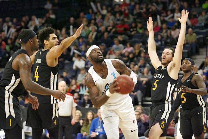 Halifax Hurricanes’ Chadrack Lufile drives to the basket against the Sudbury Five in NBL Canada action Sunday afternoon at Scotibank Centre. Halifax won the game 122-93.