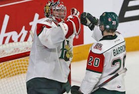 Halifax Mooseheads goalie Alexis Gravel and teammate Justin Barron celebrate following their 4-2 victory over the Guelph Storm during Memorial Cup action in Halifax.