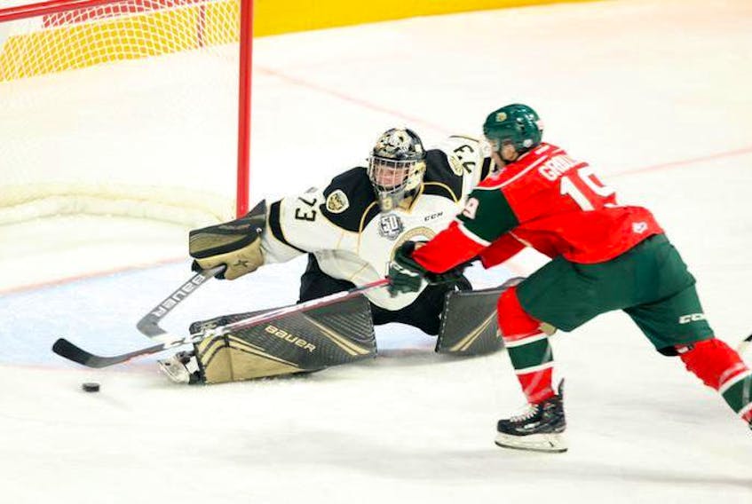 Halifax Mooseheads’ Benoit-Olivier Groulx can’t quite get control of the puck during a breakaway attempt against Charlottetown Islanders goaltender Matthew Welsh during QMJHL action on Tuesday at Scotiabank Centre.