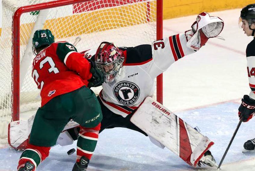 Halifax Mooseheads forward Keith Getson tries to score on Quebec Remparts goaltender Carmine-Anthony Pagliarulo during Saturday’s QMJHL playoff game at the Scotiabank Centre.