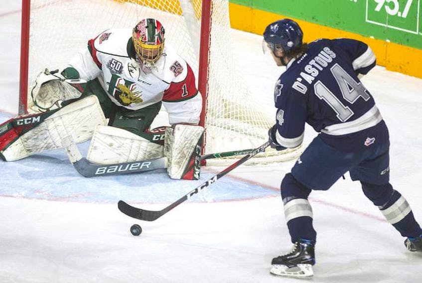 Halifax Mooseheads goalie Alexis Gravel cuts down the angle on Rimouski Oceanic’s Charle-Edouard D’Astous during Friday's QMJHL game at the Scotiabank Centre.
