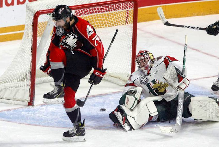 Rouyn-Noranda Huskies’ Joel Teasdale celebrates after scoring against Halifax Mooseheads goalie Alexis Gravel in the second period of a QMJHL game at the Scotiabank Centre on Sunday.