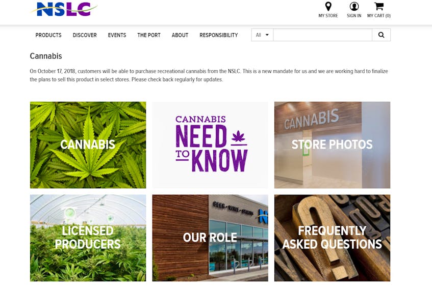 The homepage of the NSLC cannabis website, current as of Oct. 9, 2018.