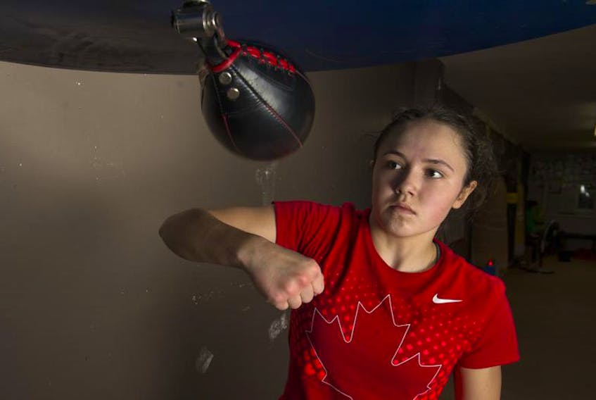 Sierra Eshouzadeh hits the speed bag at the Citadel Boxing Club in Lower Sackville.