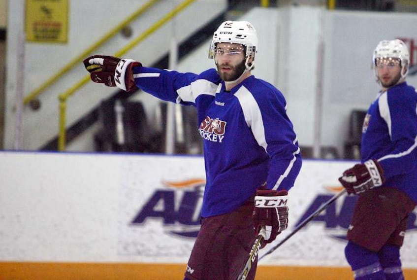 Stephen Johnson of the Saint Mary’s Huskies gestures during a team practice earlier this week at the Halifax Forum.