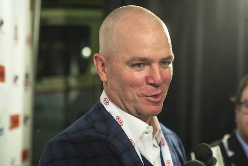 Former Halifax Mooseheads and NHL star Alex Tanguay speaks with reporters prior to a Memorial Cup game at the Scotiabank Centre on Monday night.