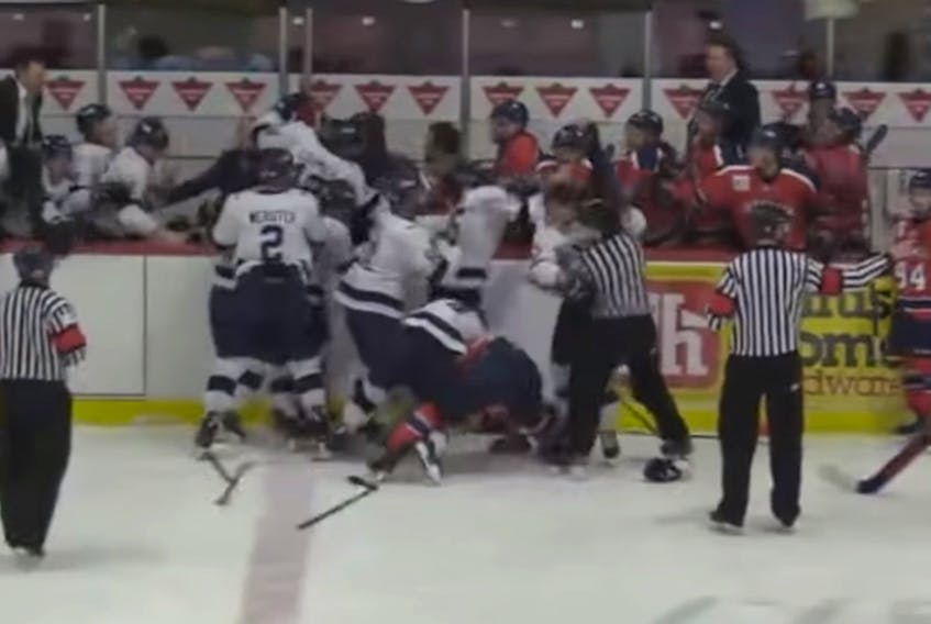A screenshot from a Youtube video of a brawl between Acadia and St. F.X. men's hockey teams on Saturday, Feb. 2, 2019.