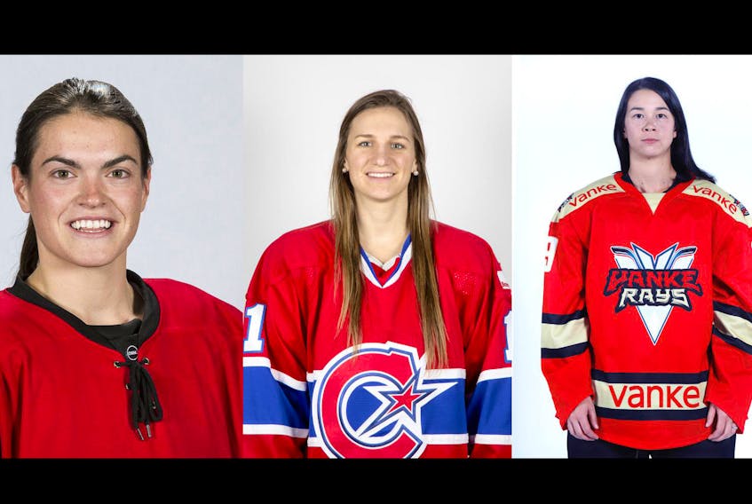 Nova Scotia hockey players Blayre Turnbull, left, Jill Saulnier, middle, and Jessica Wong will appear in the Canadian Women’s Hockey League all-star game Sunday in Toronto.