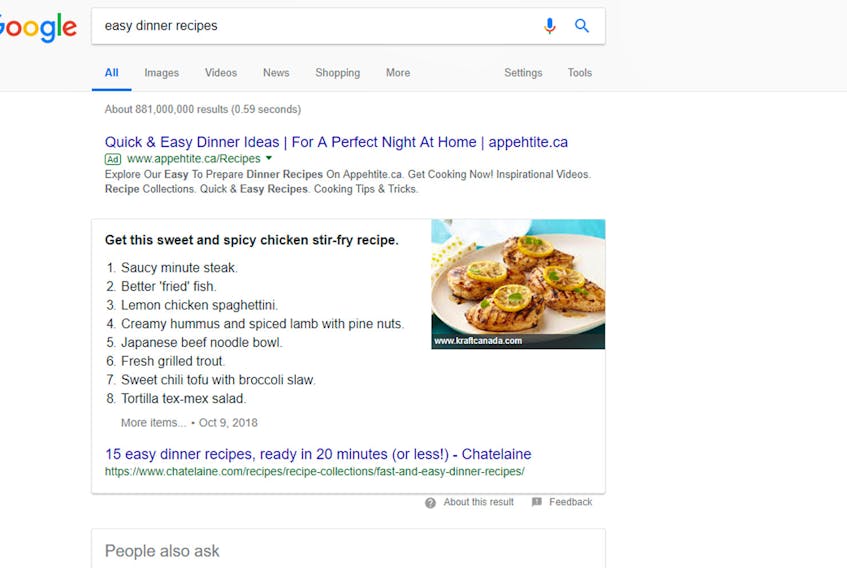 Screenshot of recipe search for brief on recipe scam.