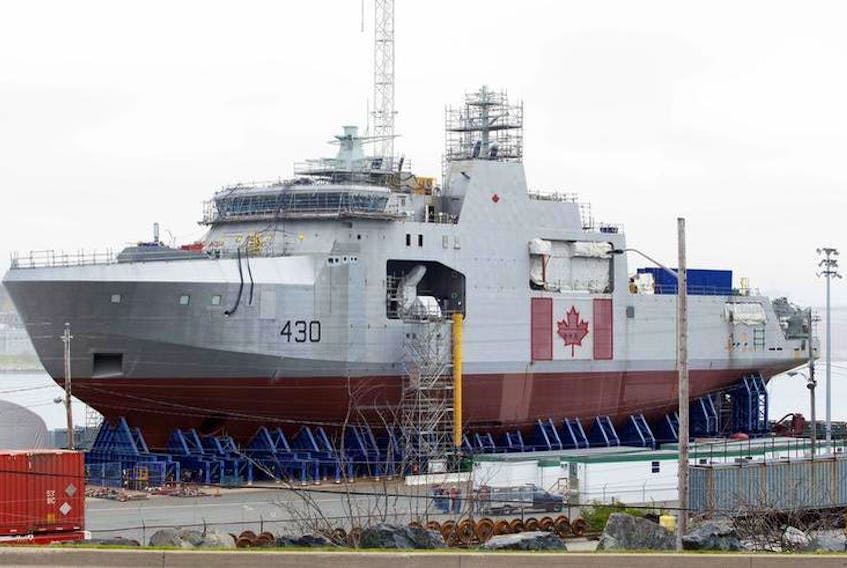 Photo of HMCS Harry DeWolf offshore patrol vessel being built at the Irving Shipyard Thursday. The ship is part of the Arctic Offshore Patrol Ship procurement project for the Royal Canadian Navy.