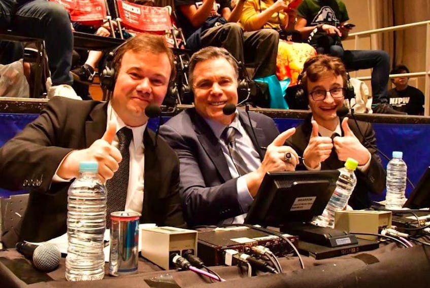 Sydney-born Mavs Gillis, left, does play-by-play on the New Japan Pro-Wrestling circuit with Lanny Poffo, a long-ago fixture in the Maritime provinces on Atlantic Grand Prix Wrestling, and broadcaster Chris Charlton.