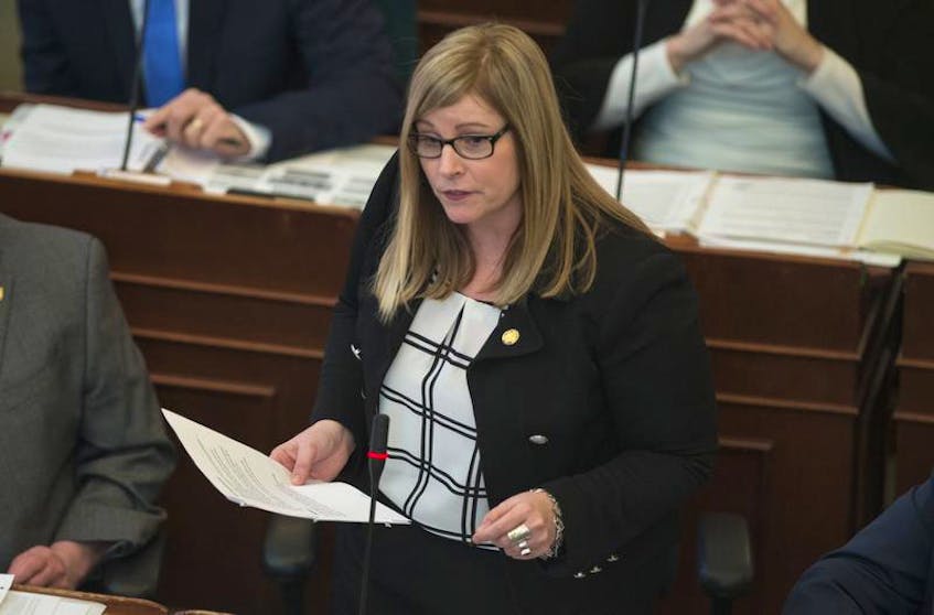 Karla MacFarlane, interim leader of the Nova Scotia Progressive Conservatives, speaks in the Nova Scotia legislature in this file photo.