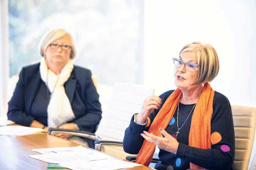 Louise Bradley, president and CEO of the Mental Health Commission of Canada, right, and Nova Scotia representative on the commission, Sue Mercer speak with The Chronicle Herald Editorial Board on Monday, Sept. 24, 2018.