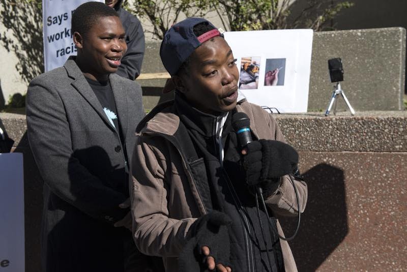 Nhlanhla Dlamini speaks at a rally outside the Labour Department office in Halifax in 2018. Dlamin's lung was punctured by a nail gun. - Ryan Taplin