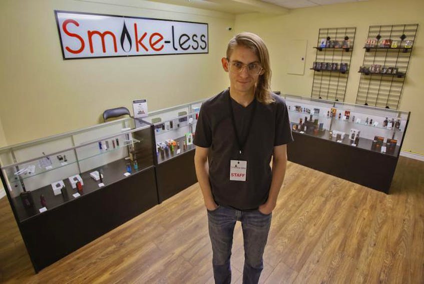 Jeff Vanderhoeden, owner of Smoke-less, seen here in his Halifax vape shop, says the city’s smoking ban seems like “a solution without a problem” and the small number of designated smoking areas will make it harder for his customers to use his products.