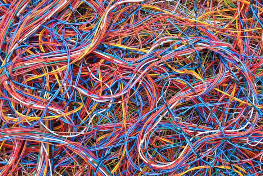 Tangled telecommunications wires.