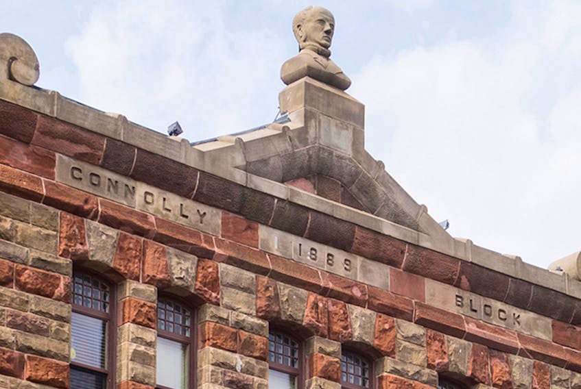 The bust of Owen Connolly still sits on top of a building at 75 Queen St., Charlottetown. Connolly is the subject of a new book written by Leonard Cusack. JOHN MORRIS/LENS MAKE A PICTURE