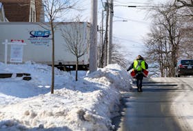 A postal worker takes to the road as the sidewalk snow remains untouched along Young Street between Gottingen and Union Streets Thursday morning. Councillor Waye Mason has admitted snow clearing has not met standards outlined by the city.