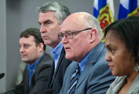 Mar. 15, 2020—Nova Scotia has three presumptive cases of novel coronavirus (COVID-19) all related to travel. The individuals have been notified and are in self-isolation. Health and Wellness Minister Randy Delorey, left, Premier Stephen McNeil, Dr. Robert Strang, Nova Scotia's chief medical officer of health and deputy chief medical officer of health Dr. Gaynor Watson-Creed provided an update to the media Sunday afternoon.
ERIC WYNNE/Chronicle Herald