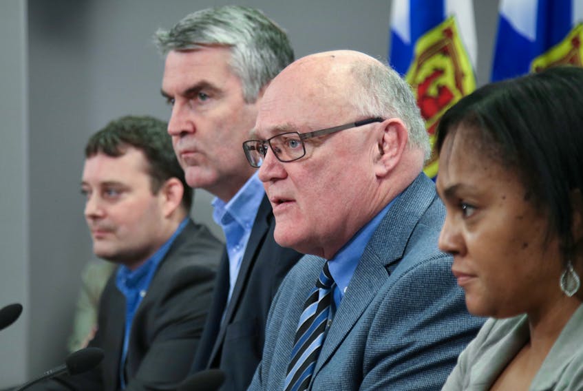 Mar. 15, 2020—Nova Scotia has three presumptive cases of novel coronavirus (COVID-19) all related to travel. The individuals have been notified and are in self-isolation. Health and Wellness Minister Randy Delorey, left, Premier Stephen McNeil, Dr. Robert Strang, Nova Scotia's chief medical officer of health and deputy chief medical officer of health Dr. Gaynor Watson-Creed provided an update to the media Sunday afternoon.
ERIC WYNNE/Chronicle Herald
