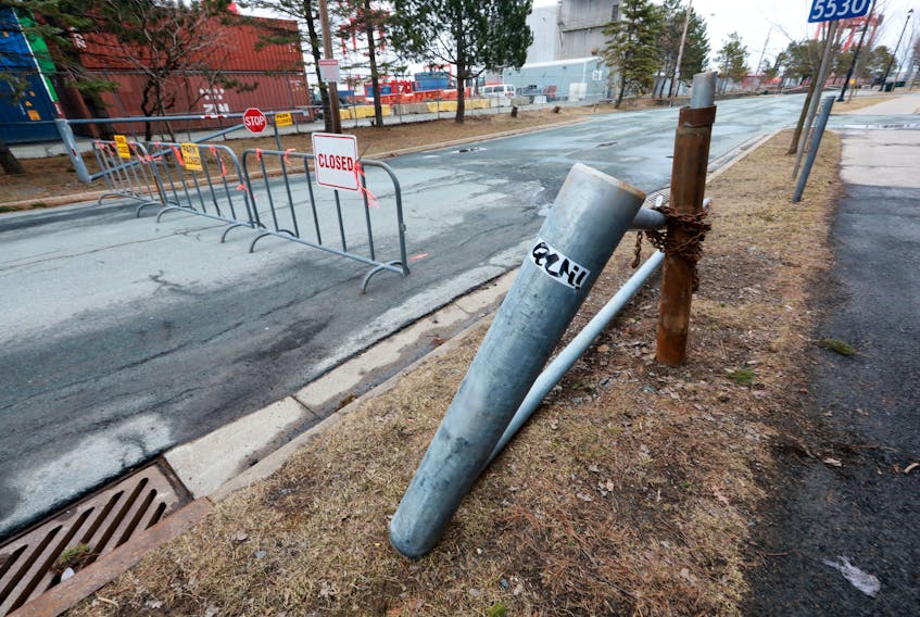 The main gate of Point Pleasant Park was rammed by a driver Wednesday morning, April 1, 2020. Halifax parks staff have set up a temporary barrier to keep residents out as directed by municipal directives during this COVID-19 pandemic.