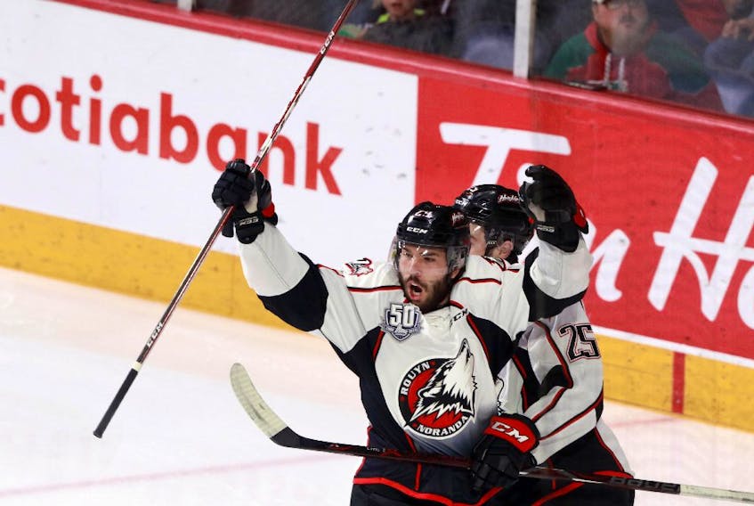 Rouyn-Noranda Huskies’ Joel Teasdale celebrates as he scores against the Halifax Mooseheads early in the first period of Game 3 of the QMJHL President Cup final Monday at Scotiabank Centre. ERIC WYNNE / The Chronicle Herald